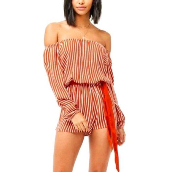 🌼 Forever 21 Striped Off-the-Shoulder Belted Romper - Picture 1 of 6